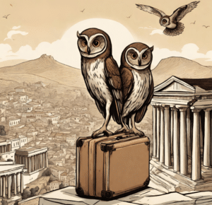 cartoon image of three owls in Athens carrying a suitcase - got your English blog post about English idioms
