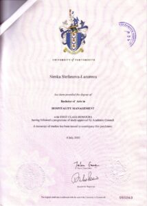 Бакалавърска степен по мениджмънт на гостоприемството, University of Portsmouth диплома, Simka Stefanova Got Your English